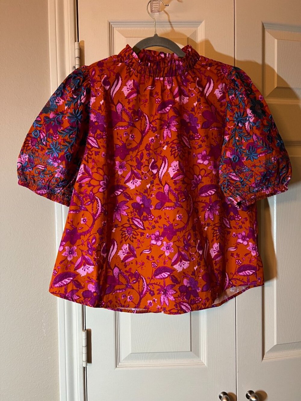Women's Periwinkle Floral Puff Sleeve Blouse - High Neck - Boho Style - Medium